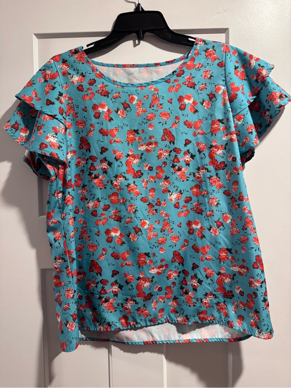 Women’s Floral Ruffle Sleeve Blouse - Turquoise with Red Floral Print